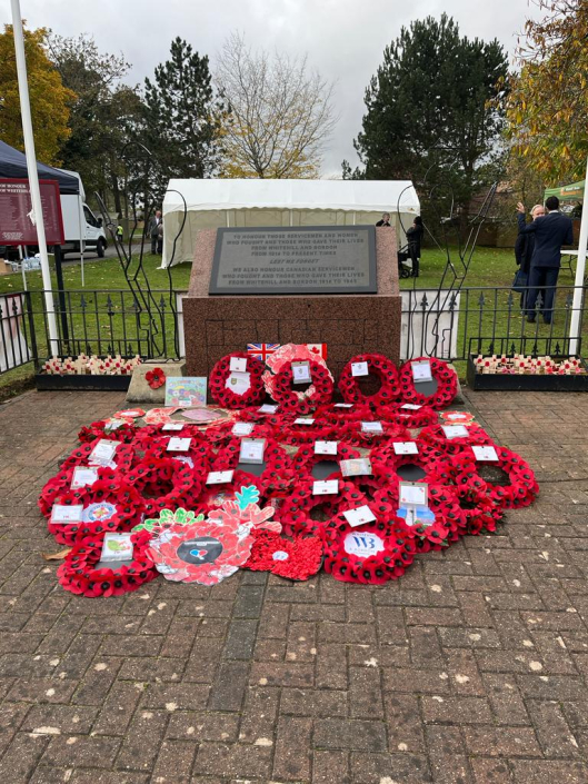 Wreaths in front of War Memorial