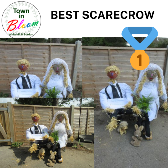 Picture of bride and groom scarecrows