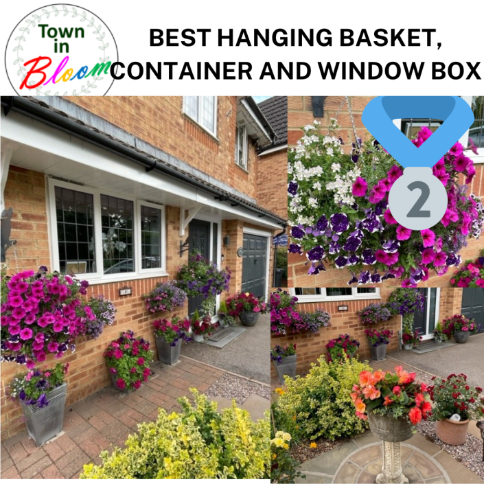 Hanging baskets with flowers and containers with flowers