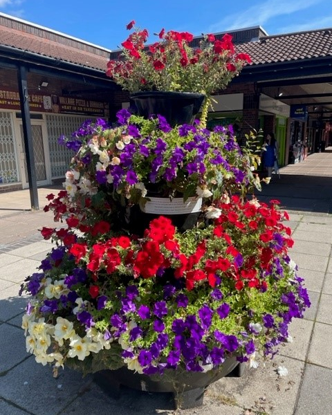 Planter with red, purple and white flowers