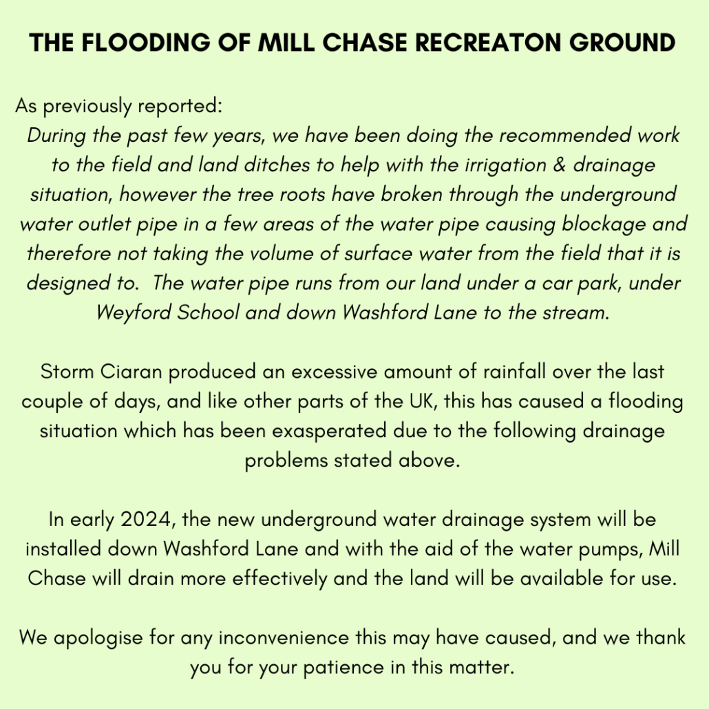 Mill Chase flooding update November 2023